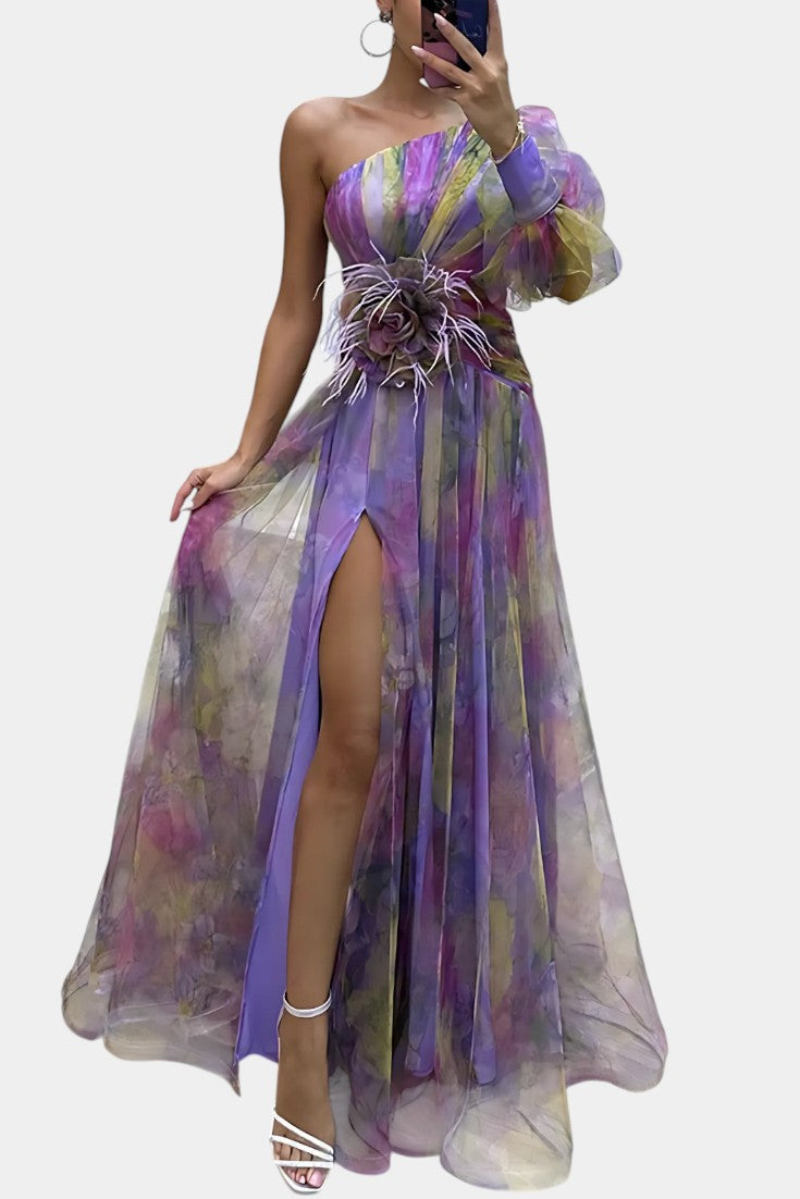 Amelie Vestido Maxi Un Hombro Estampado Artístico Exclusivo