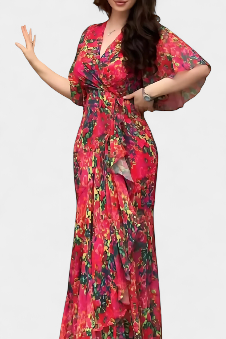 Sima Vestido Cruzado Estampado Botánico Seda Exclusivo