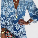 Rufina Vestido Mini Azul Seda Elegante Escote V Manga Larga
