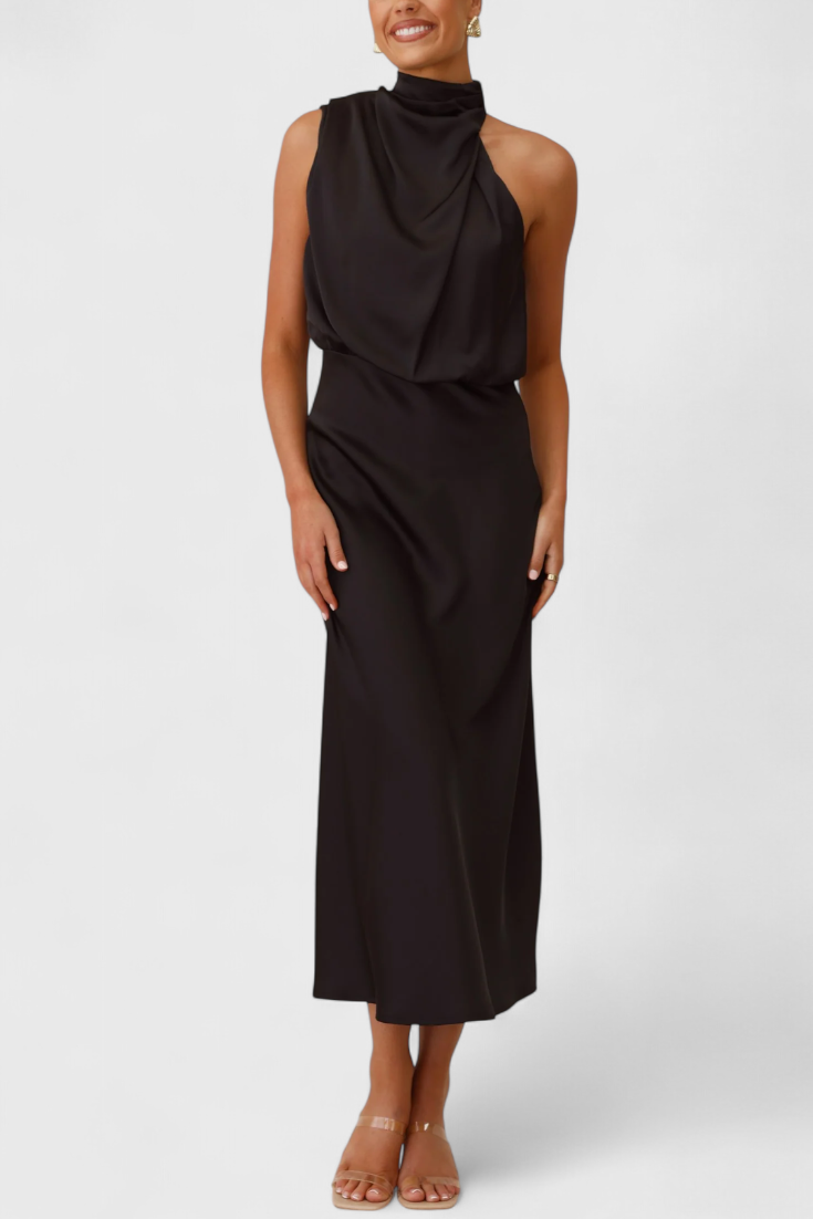 Rina Vestido Halter Drapeado Seda Colección Exclusiva