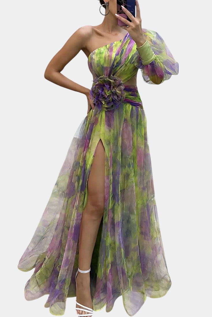 Amelie Vestido Maxi Un Hombro Estampado Artístico Exclusivo