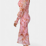 Carly Vestido Midi Floral Cintura Fruncida Mangas Limitadas