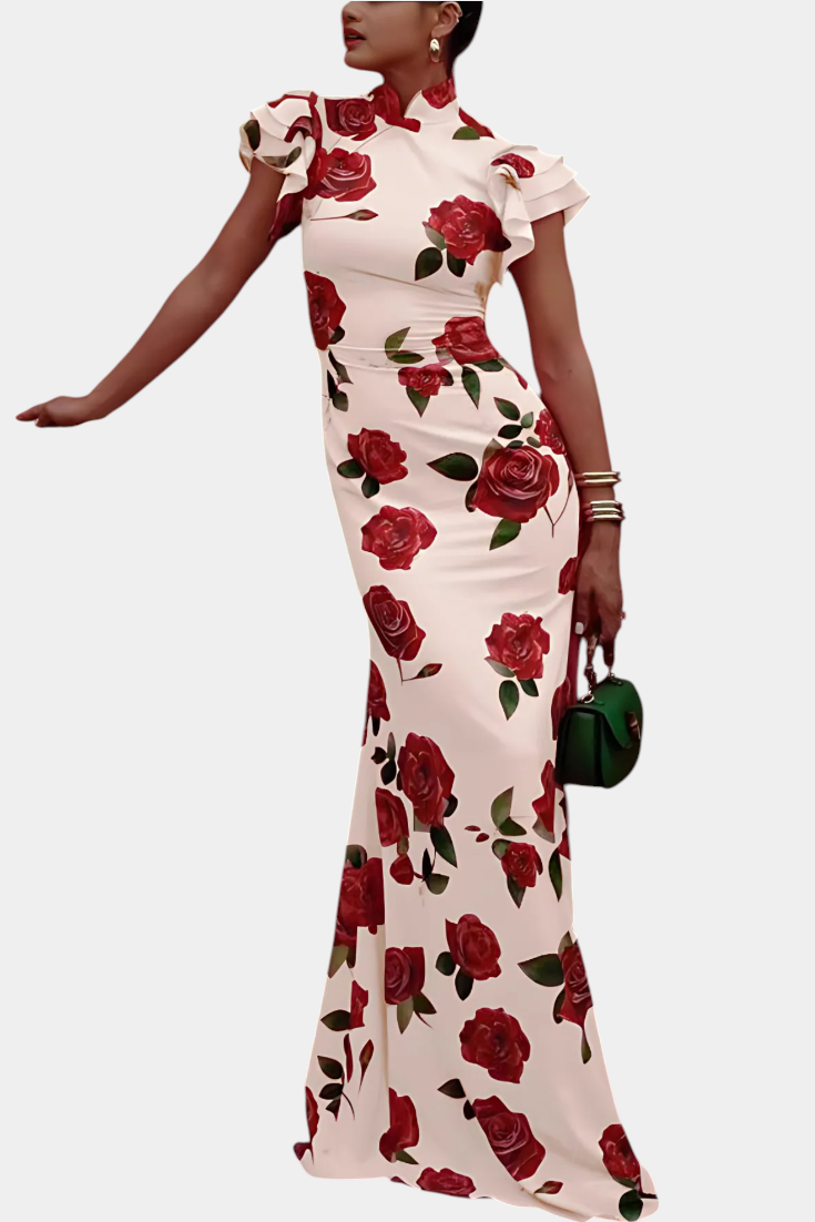 Mayra Vestido Qipao Estampado Rosas Colección Exclusiva