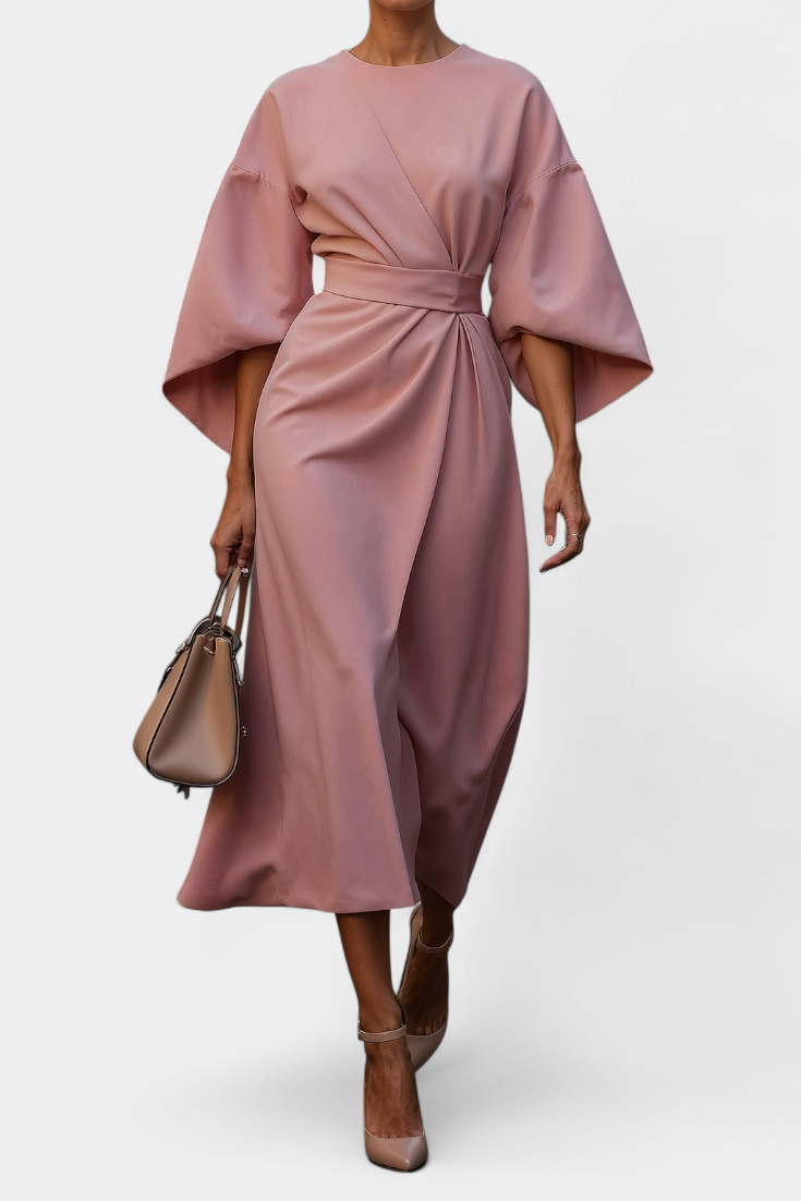 Micaela Vestido Midi Exclusivo Lux Mangas Lantern Cintura