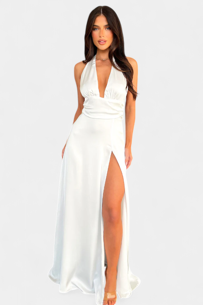 Latisha Vestido Halter Con Gran Abertura Colección Lujo