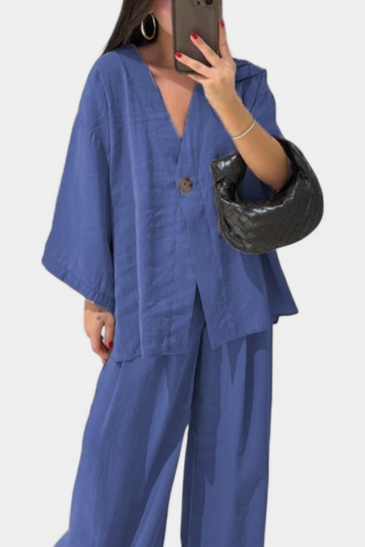 Eli Conjunto Oversize Top V Cuello Pantalón Luxe Exclusiva