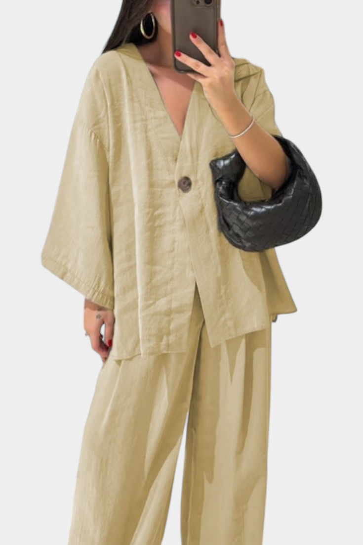 Eli Conjunto Oversize Top V Cuello Pantalón Luxe Exclusiva