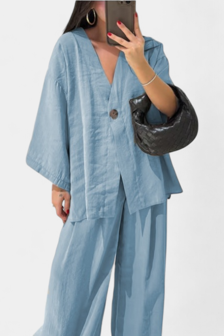 Eli Conjunto Oversize Top V Cuello Pantalón Luxe Exclusiva