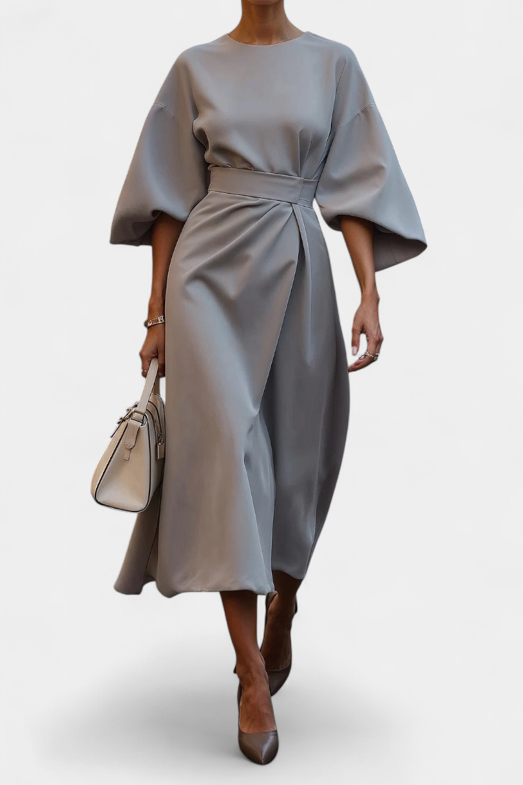 Micaela Vestido Midi Exclusivo Lux Mangas Lantern Cintura