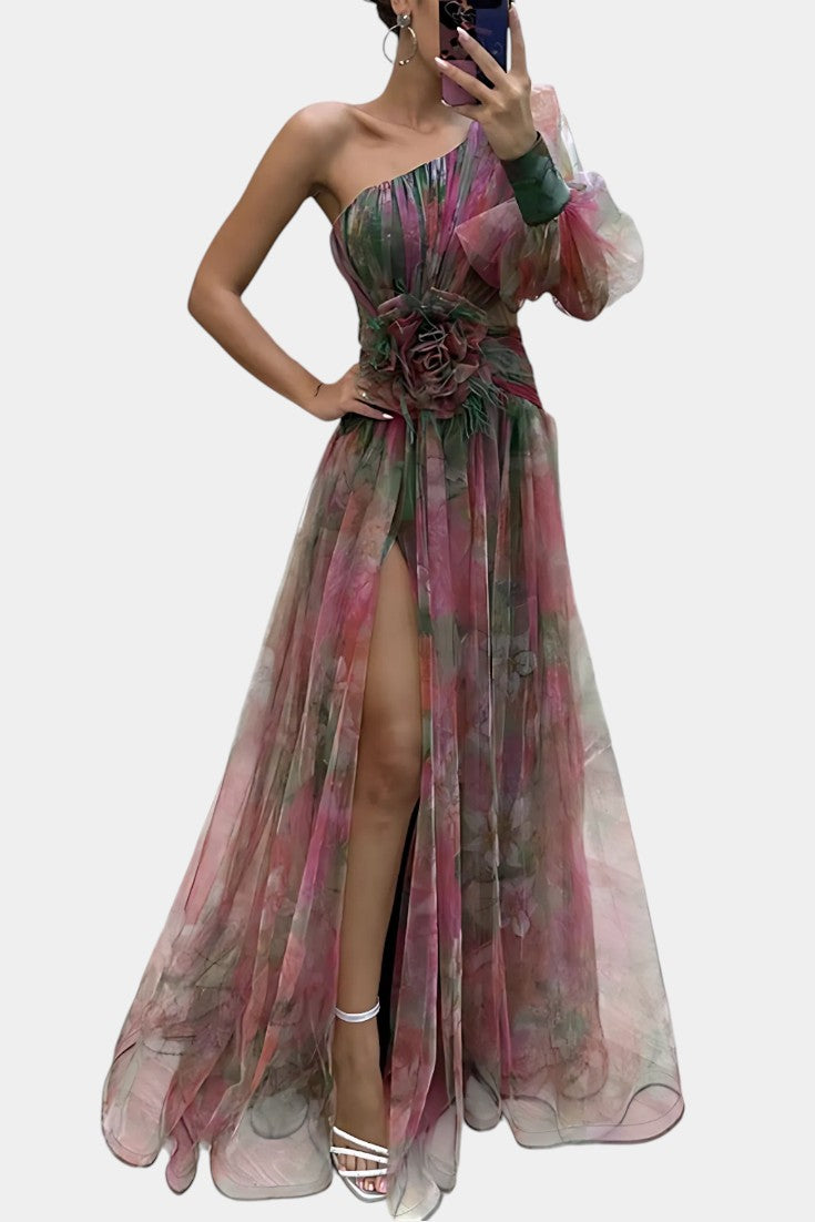 Amelie Vestido Maxi Un Hombro Estampado Artístico Exclusivo