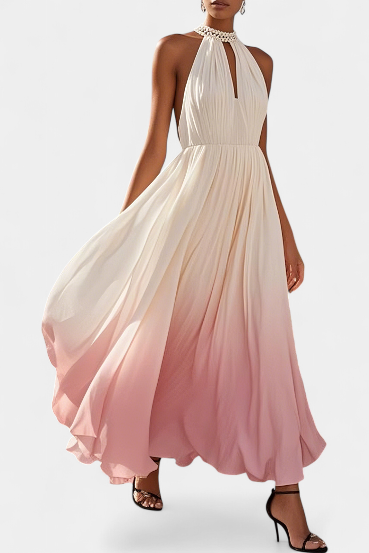 Starla Vestido Maxi Halter Plisado Perlas Colección