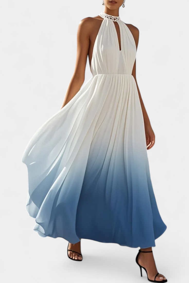 Starla Vestido Maxi Halter Plisado Perlas Colección