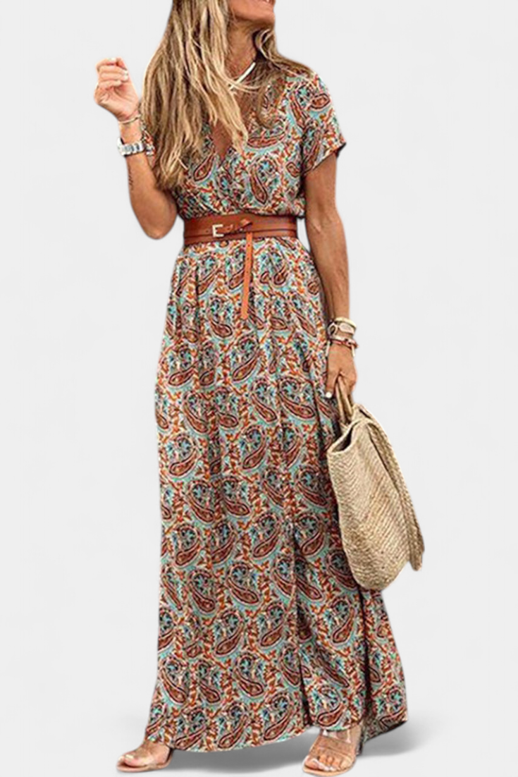 Anfisa Vestido Boho Verano Con Cinturón Escote V Exclusivo