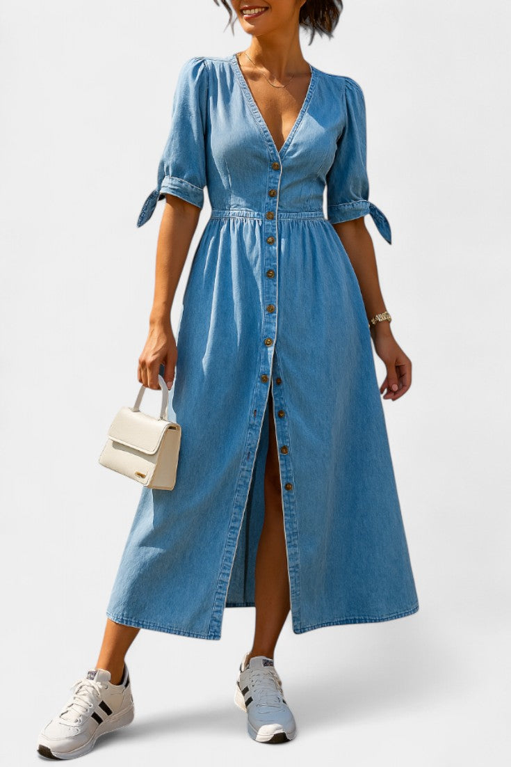 Adelina Vestido Midi Denim Premium Con Botones Y Escote V
