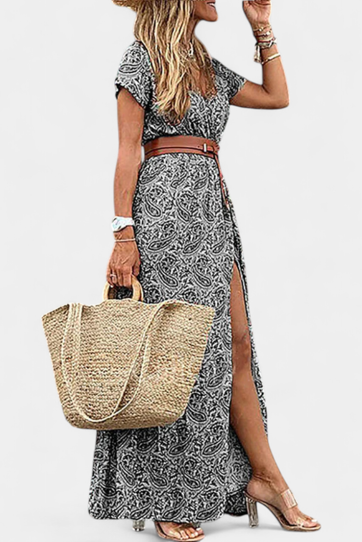 Anfisa Vestido Boho Verano Con Cinturón Escote V Exclusivo