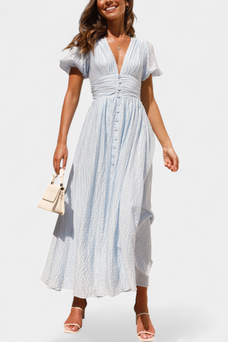 Mélia Vestido Maxi Seda Selecto Escote V Mangas Abullonadas