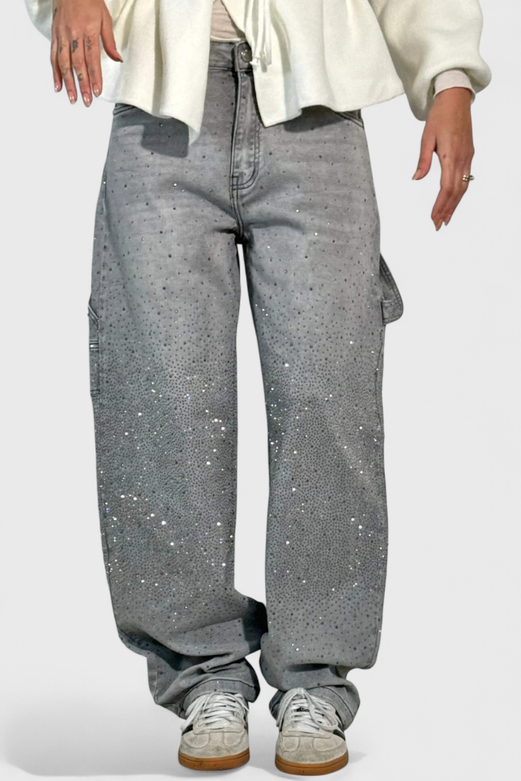Dalia Jeans Pantalón Cargo Balloon Brillo Pedrería Elite
