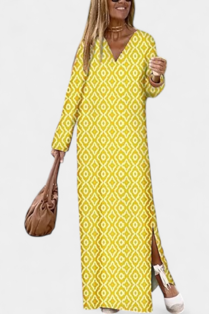 Brisa Vestido Largo Geométrico Exclusivo Con Escote En V