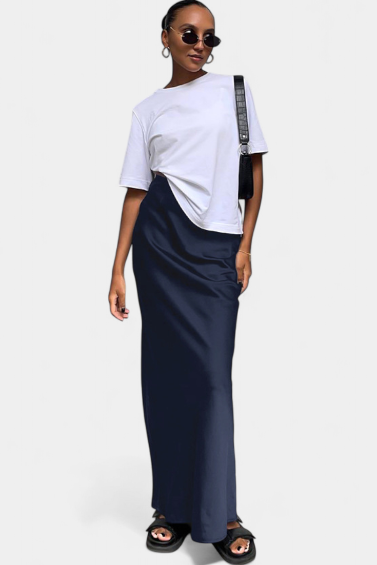 Fable Falda Maxi Utility Satin Negra Corte Fluido Exclusiva