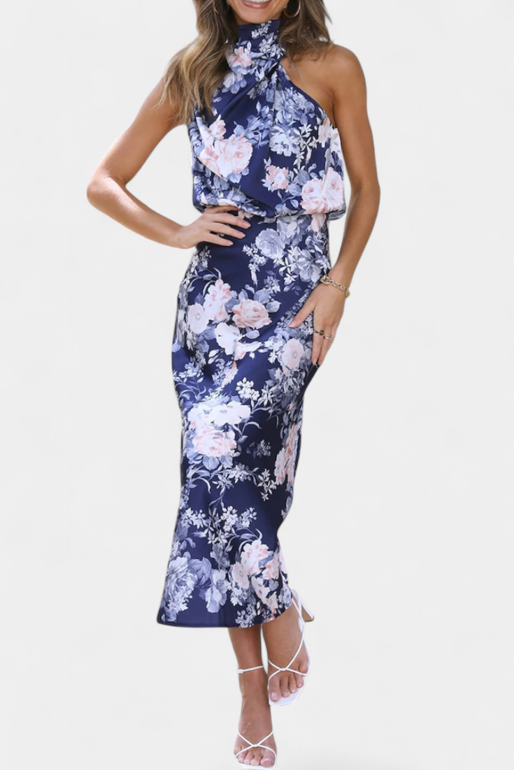 Lisa Vestido Maxi Floral Halter Cintura Elástica Exclusiva