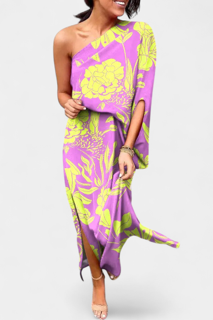 Carlena Vestido Un Hombro Estampado Romántico Exclusivo