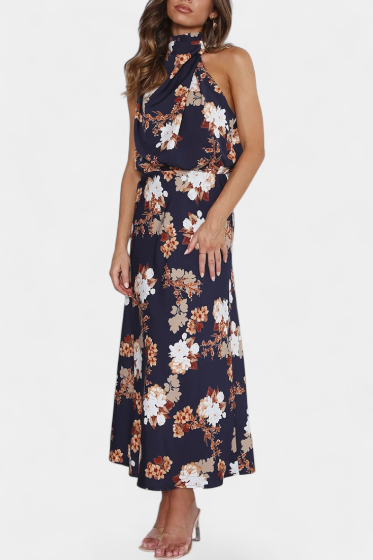 Lisa Vestido Maxi Floral Halter Cintura Elástica Exclusiva