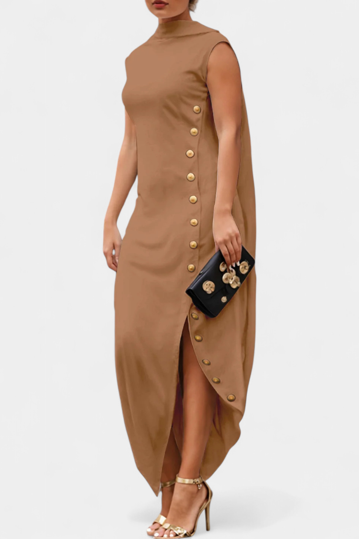 Aphrodite Vestido Asimétrico Con Botones Dorados Exclusivos