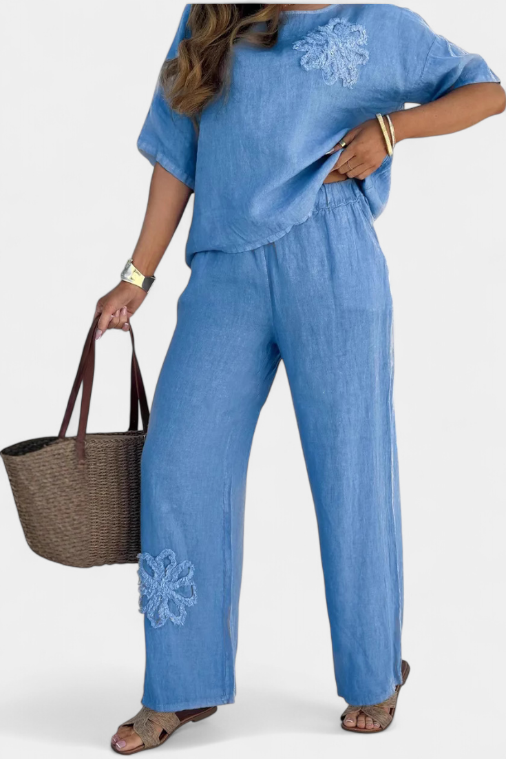 Natalia Conjunto De Lino Bordado Silueta Holgada Exclusivo