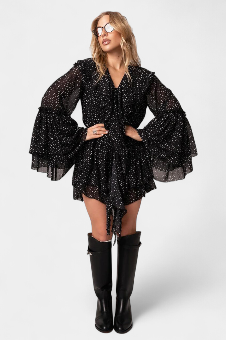 Alida Vestido Mini de Chifón con Lunares y Volantes Élite