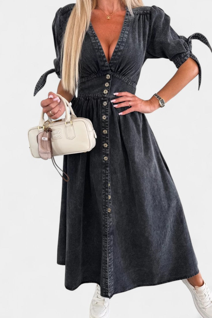 Adelina Vestido Midi Denim Premium Con Botones Y Escote V