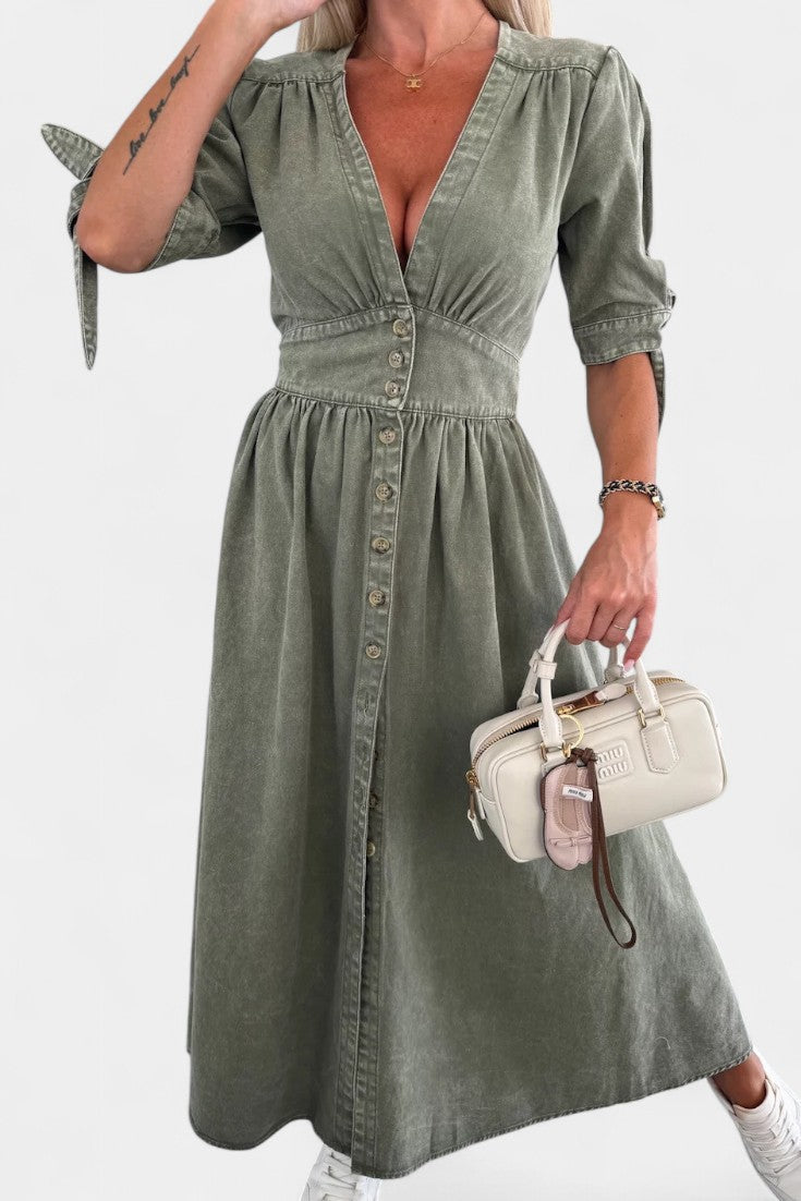 Adelina Vestido Midi Denim Premium Con Botones Y Escote V