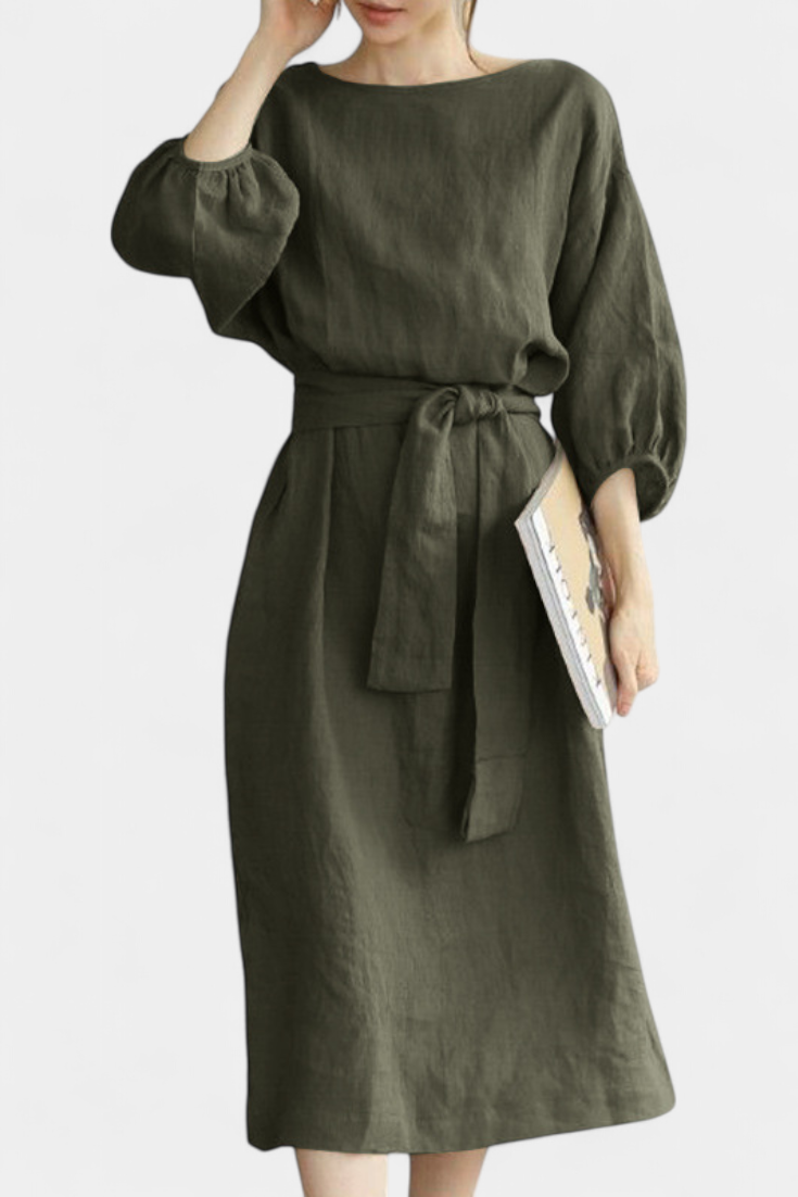 Krisbel Vestido De Lino Algodón Cintura Anudada Colección
