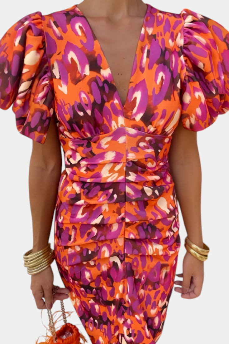 Wibia Vestido Estampado Seda Fruncido Mangas Volumen Vip