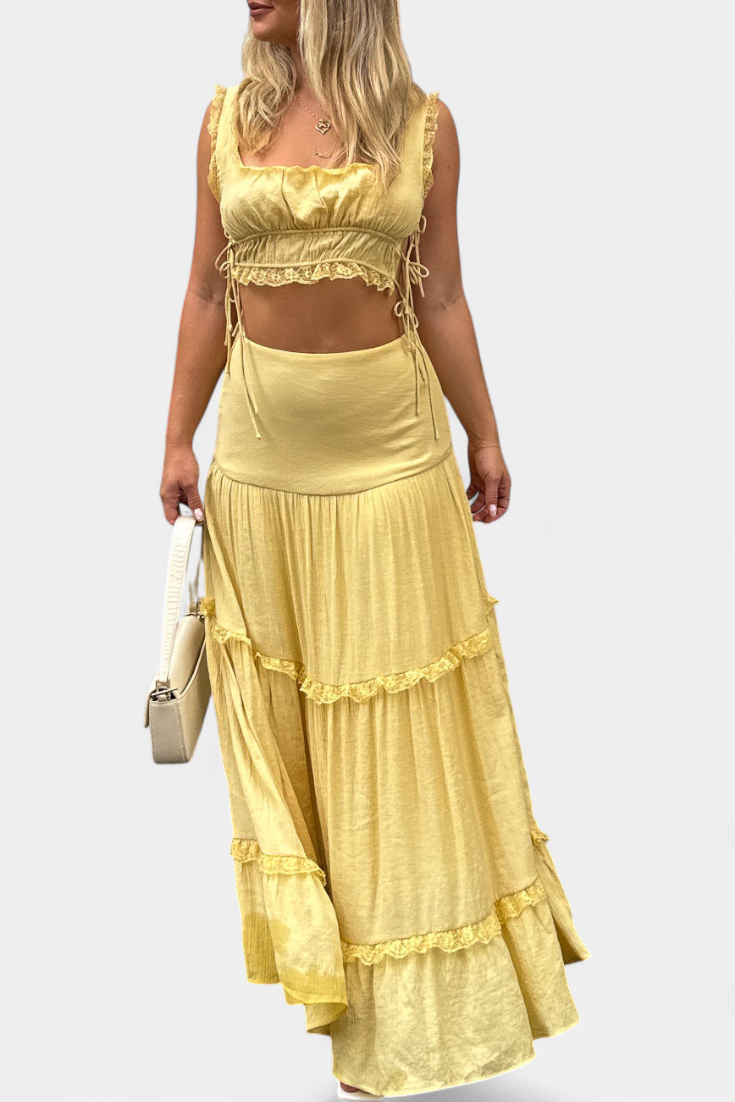 Ilys Conjunto Top Elegante Con Encaje Falda Larga Exclusiva