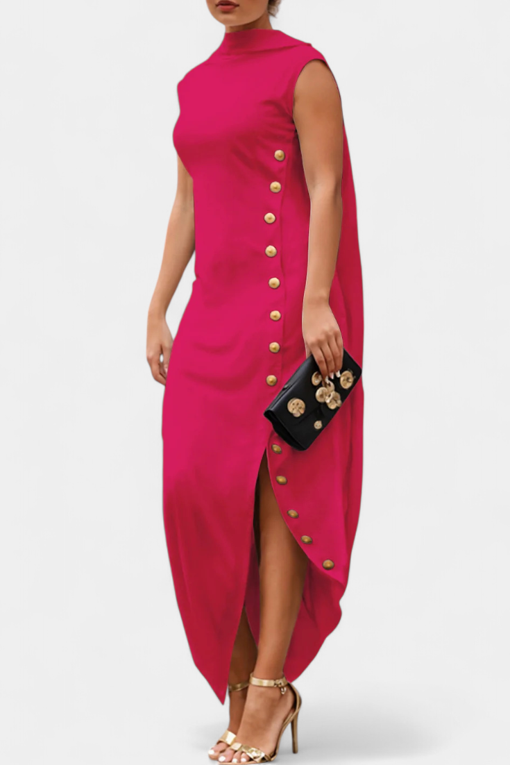 Aphrodite Vestido Asimétrico Con Botones Dorados Exclusivos