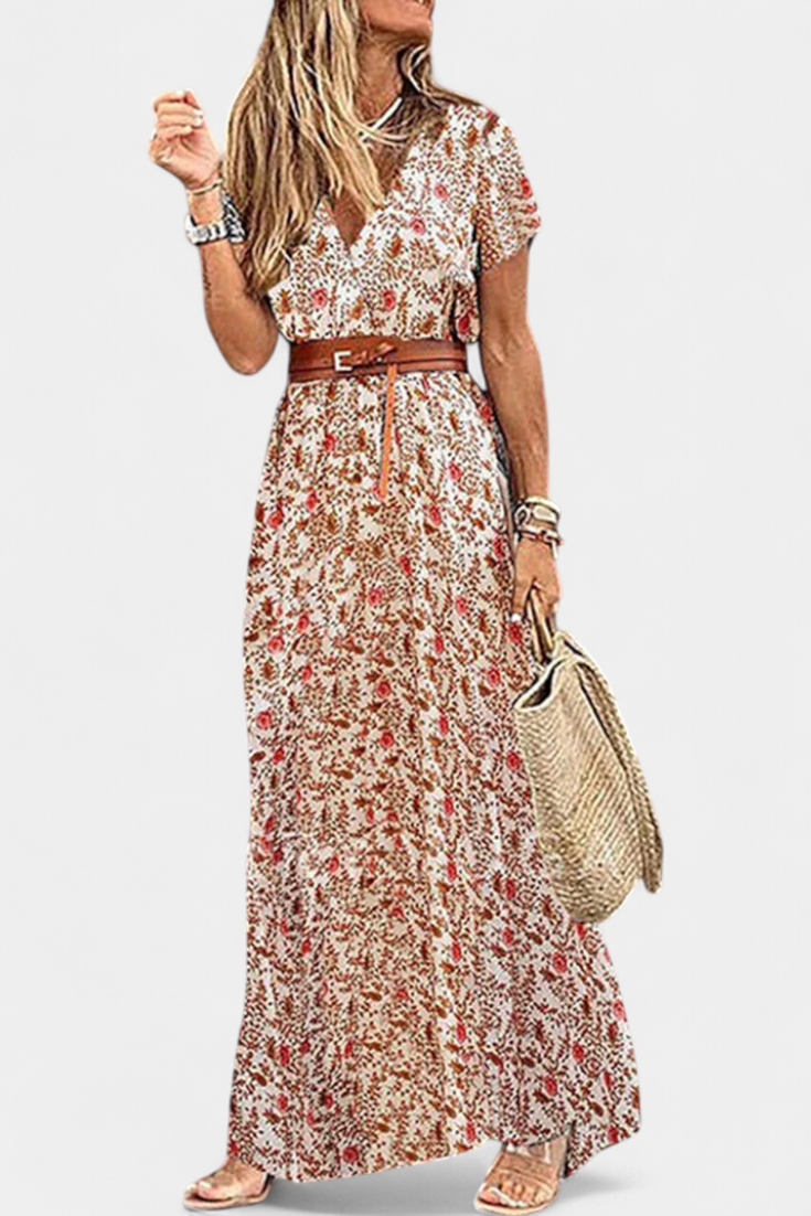 Anfisa Vestido Boho Verano Con Cinturón Escote V Exclusivo