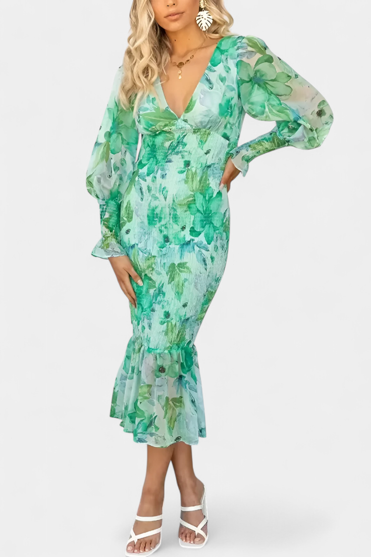 Carly Vestido Midi Floral Cintura Fruncida Mangas Limitadas