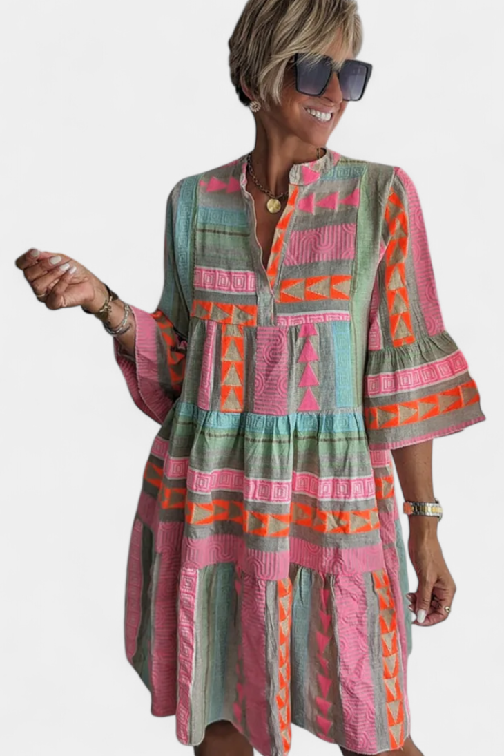 Gina Vestido Boho Bordado Con Escote En V Mangas Limitadas