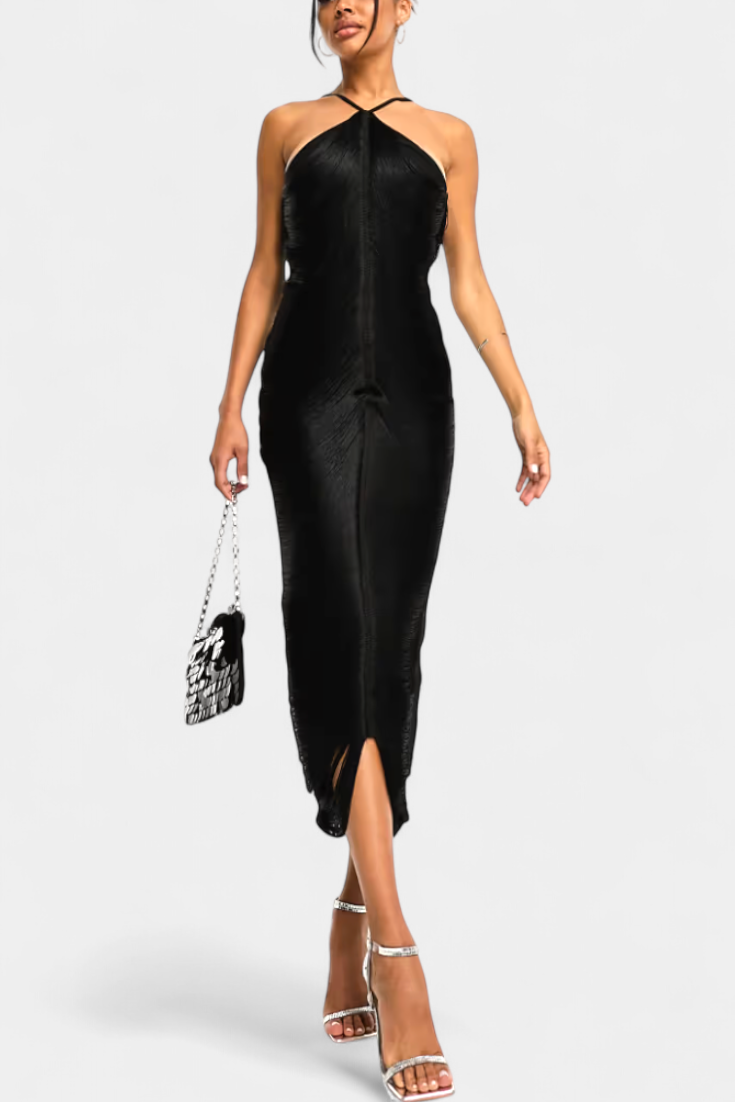 Jianna Vestido Halter con Flecos Metálicos Dorados Exclusivo