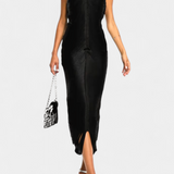 Jianna Vestido Halter con Flecos Metálicos Dorados Exclusivo