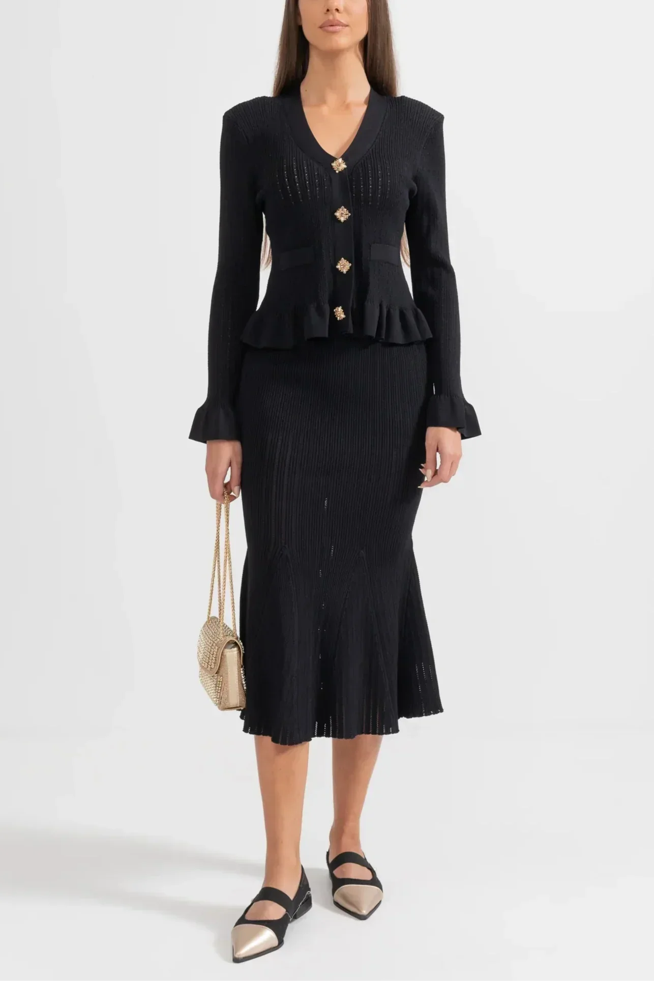 Prudence Conjunto Punto Refinado Cárdigan Falda Midi