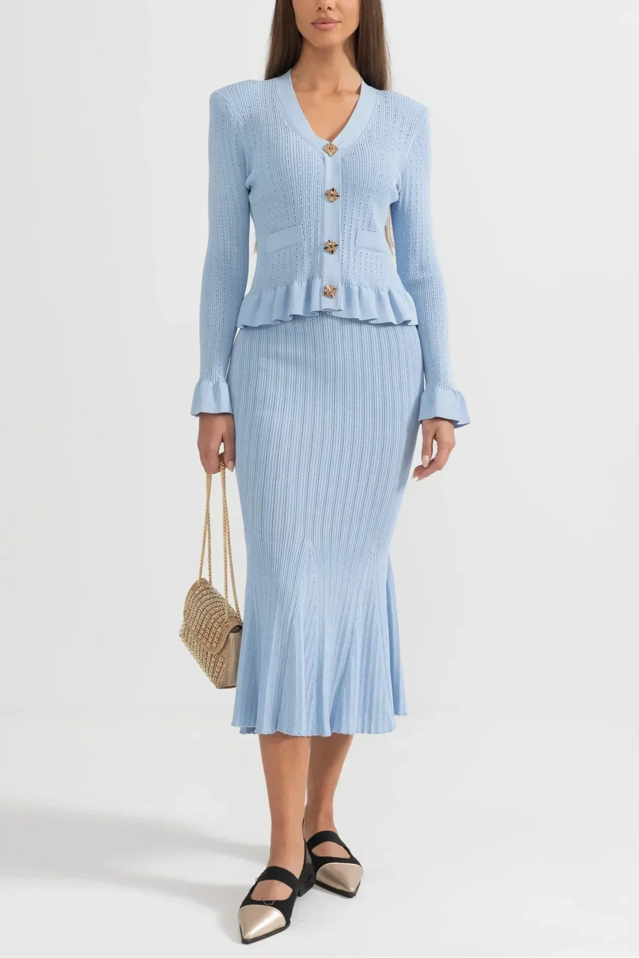 Prudence Conjunto Punto Refinado Cárdigan Falda Midi