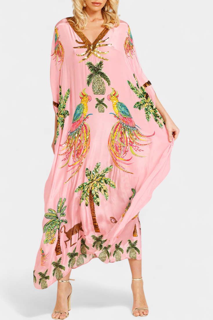 Evangeline Vestido Estampado Tropical Bordados Exclusivo
