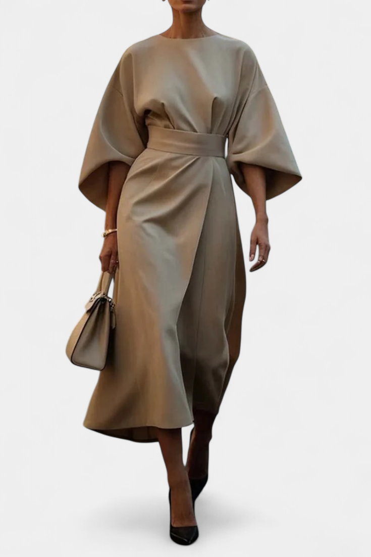 Micaela Vestido Midi Exclusivo Lux Mangas Lantern Cintura