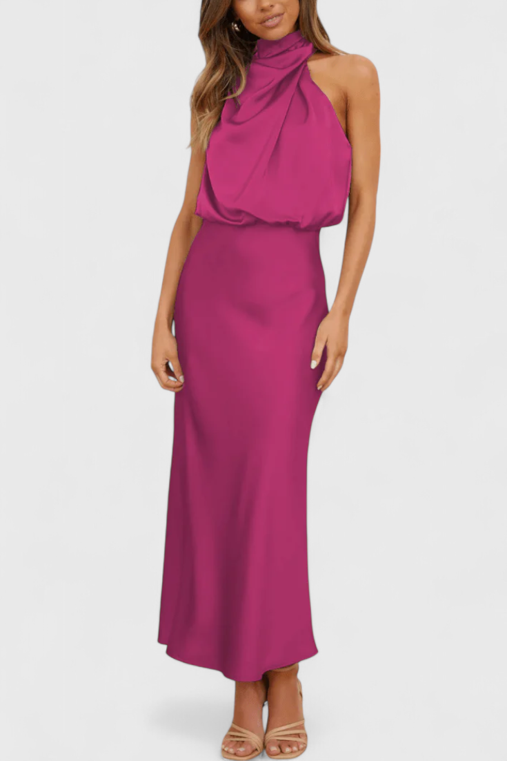 Rina Vestido Halter Drapeado Seda Colección Exclusiva