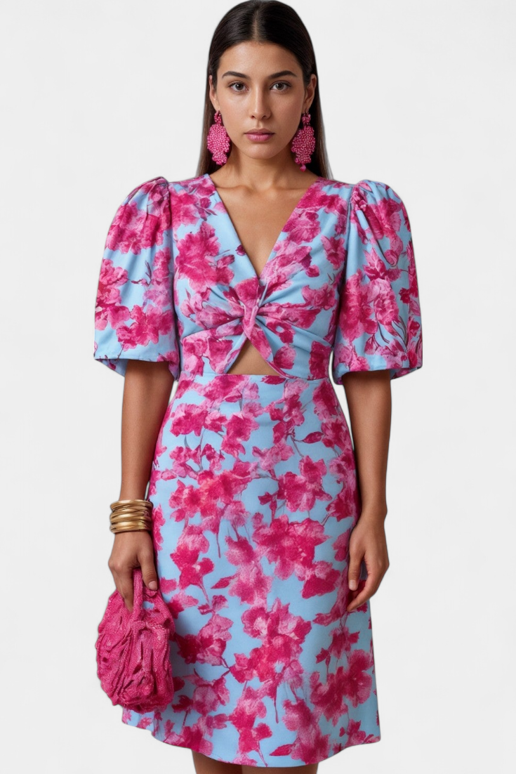 Wibia Vestido Estampado Seda Fruncido Mangas Volumen Vip