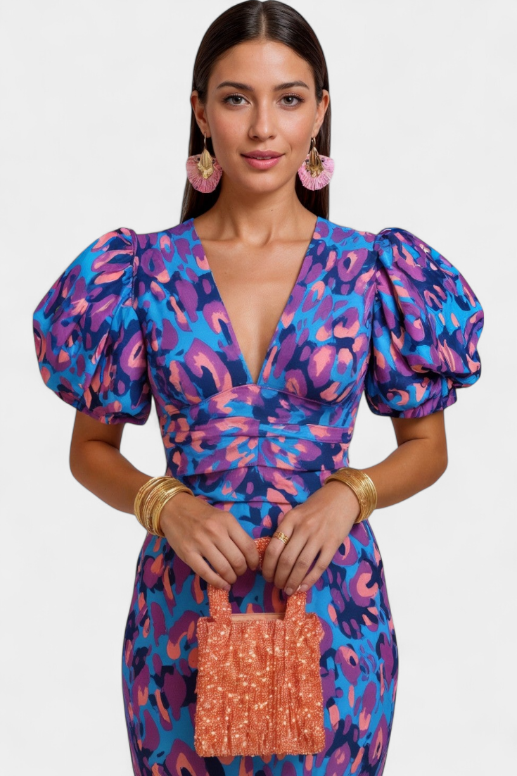 Wibia Vestido Estampado Seda Fruncido Mangas Volumen Vip