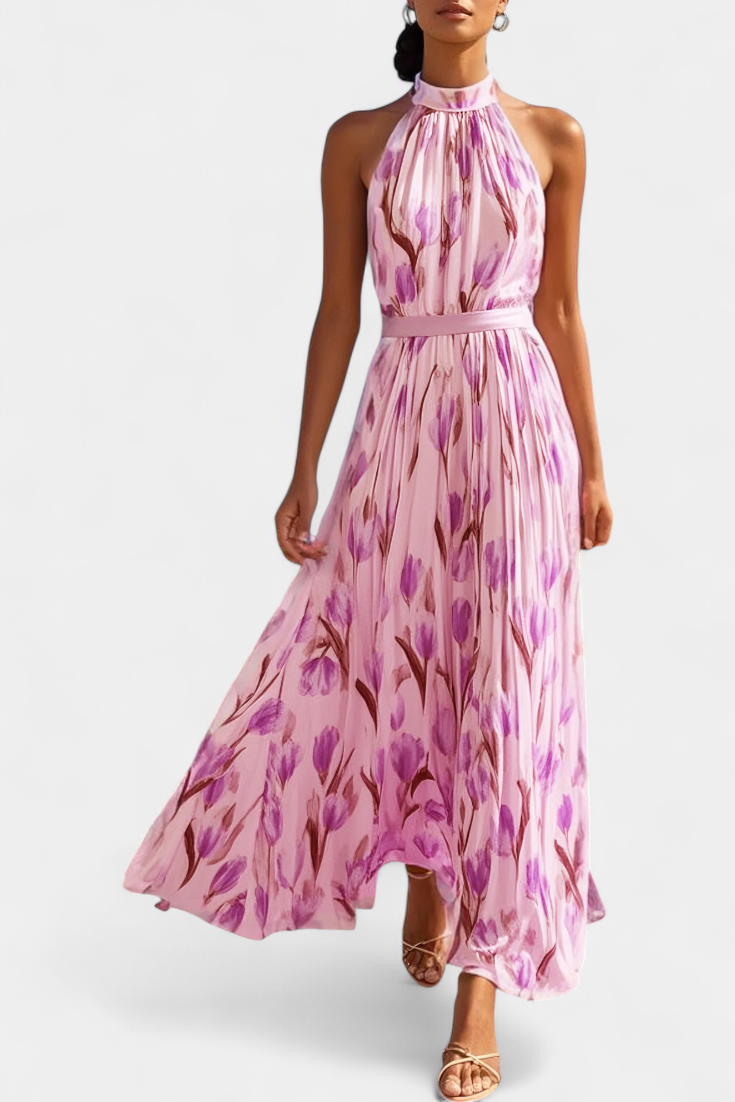 Juliene Vestido Floral Sin Mangas Cinturón Plisado Exclusivo