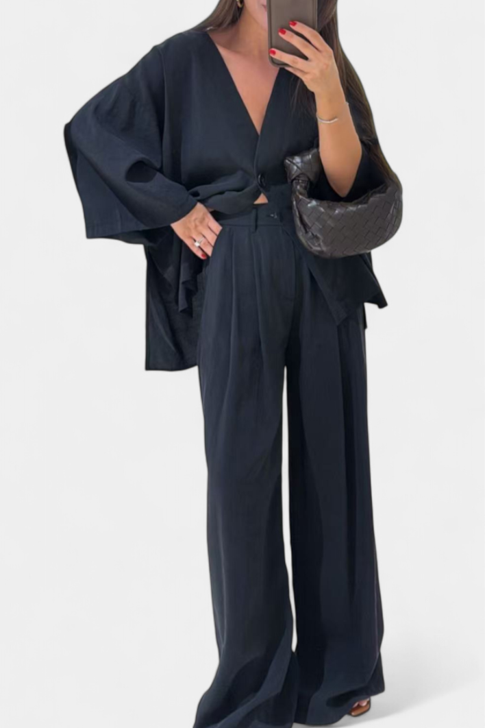 Eli Conjunto Oversize Top V Cuello Pantalón Luxe Exclusiva