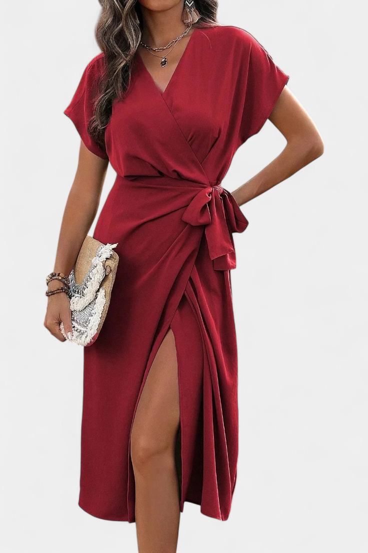 Begoña Vestido Cruzado Exclusivo Con Cinturón Abertura Sutil